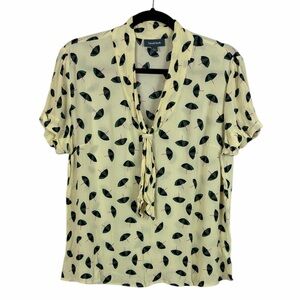 Modcloth Retro Umbrella Print Tie Neck Short Sleeve Blouse Large Yellow